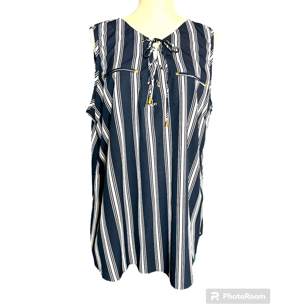 MPH Collection Sleeveless Lace Up Front Vertical Striped Blouse